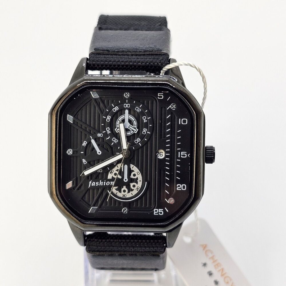 Men's 42MM Minimalist Watch Black‎ Case Black Dial Date Black Canvas Band Straps